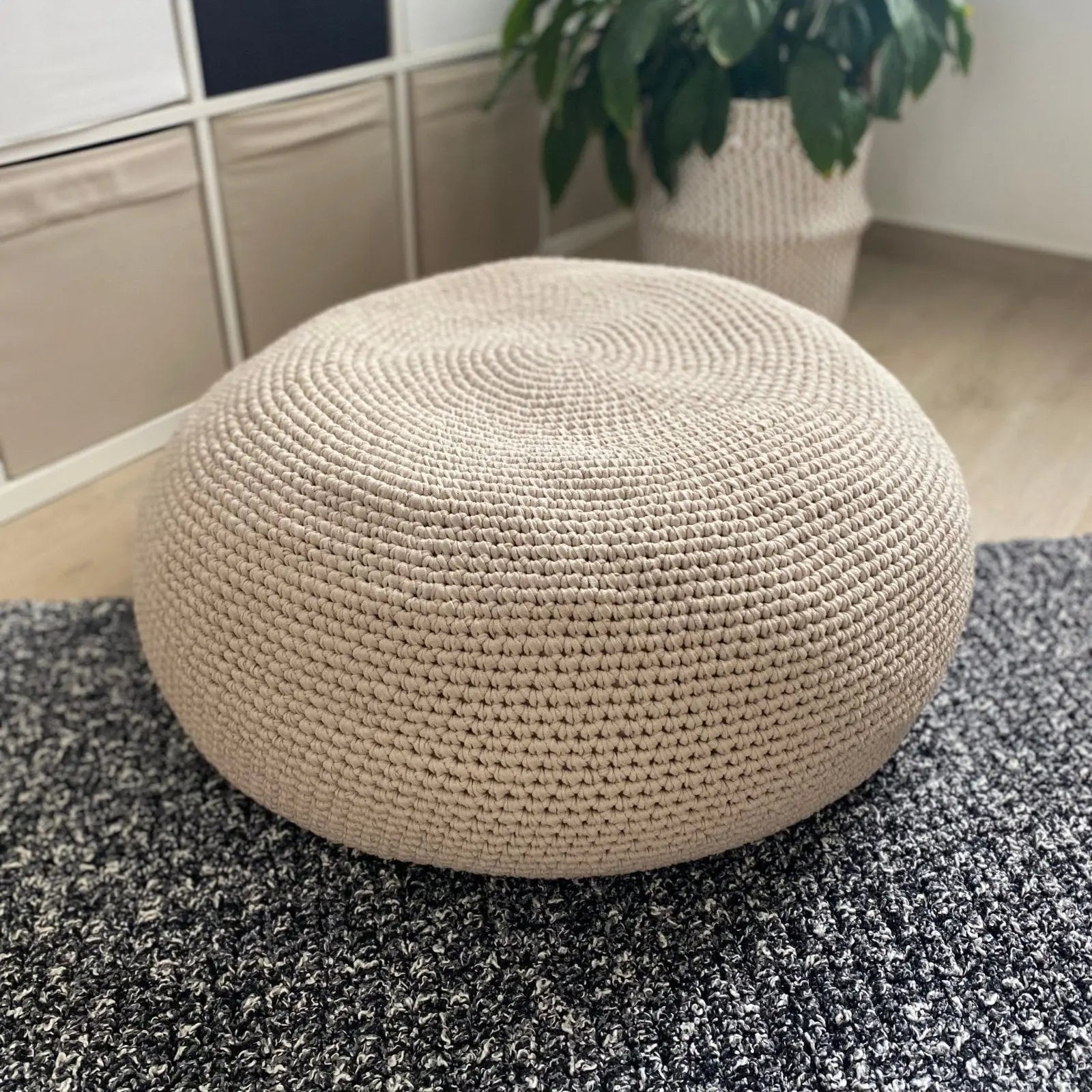 Round Ottoman Slipcovers, Neutral Beige Crochet Cover - Looping Home