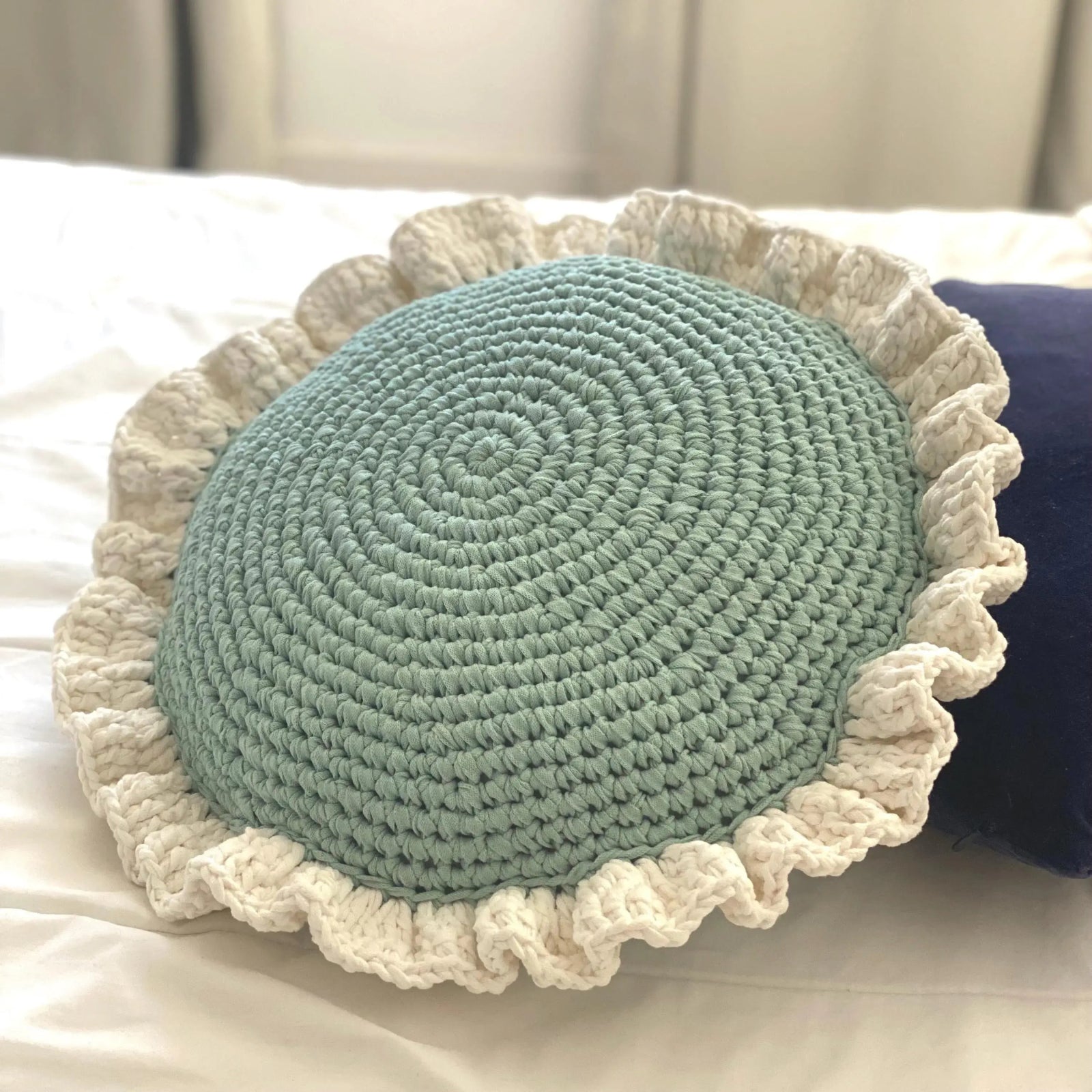 Round Ruffled Crochet Pillow - Light Mint - Looping Home