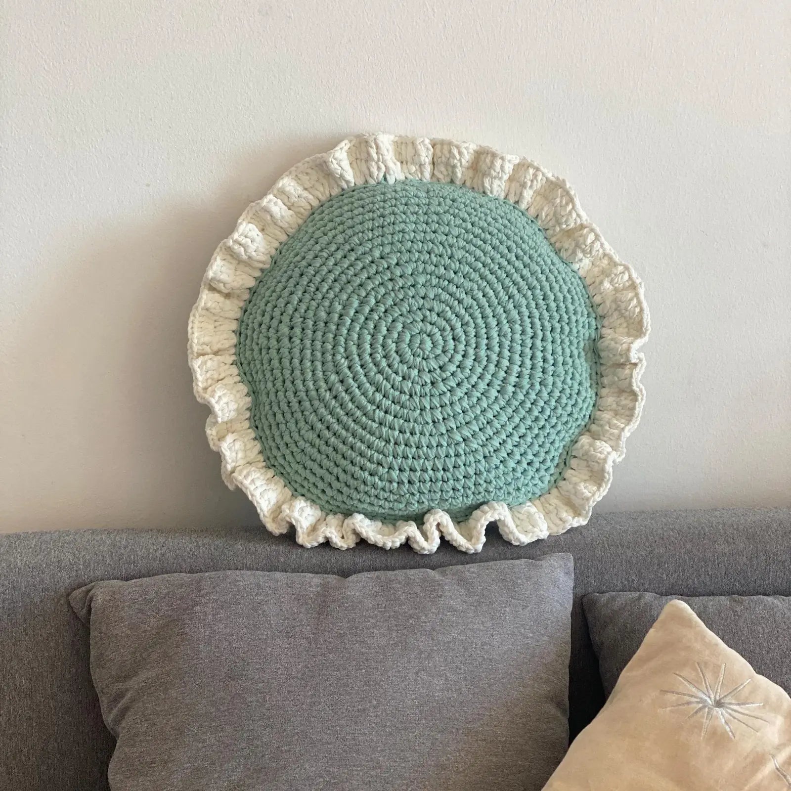 Round Ruffled Crochet Pillow - Light Mint - Looping Home