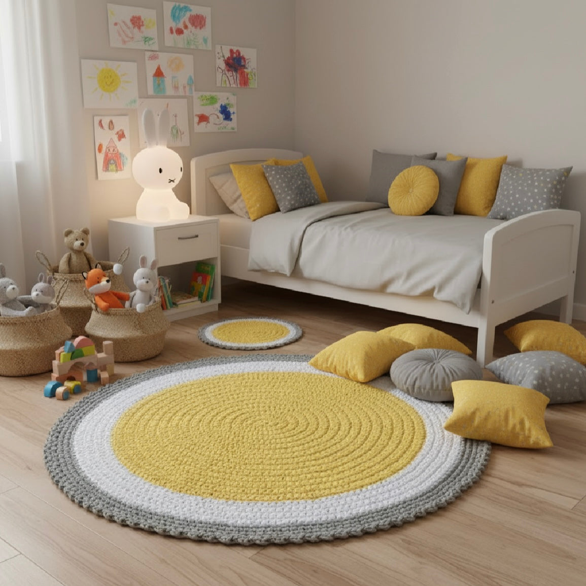 Yellow Crochet Round Rug, Washable Floor Rug Mat - Looping Home