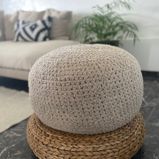 Ivory Bouclé Ottoman Pouf - Round Footstool Pouffe