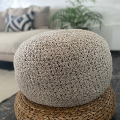 Ivory Bouclé Ottoman Pouf - Round Footstool Pouffe