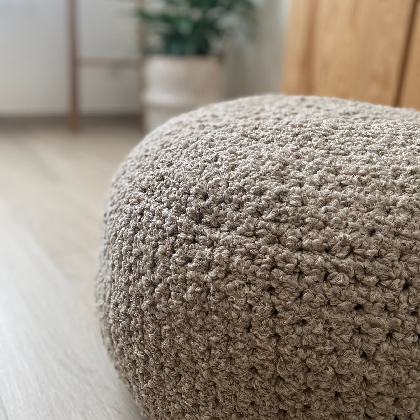 Ivory Bouclé Ottoman Pouf - Round Footstool Pouffe