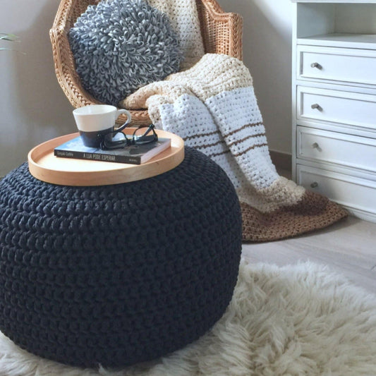 Charcoal Round Pouffe Ottoman - Crochet Footstool - Looping Home