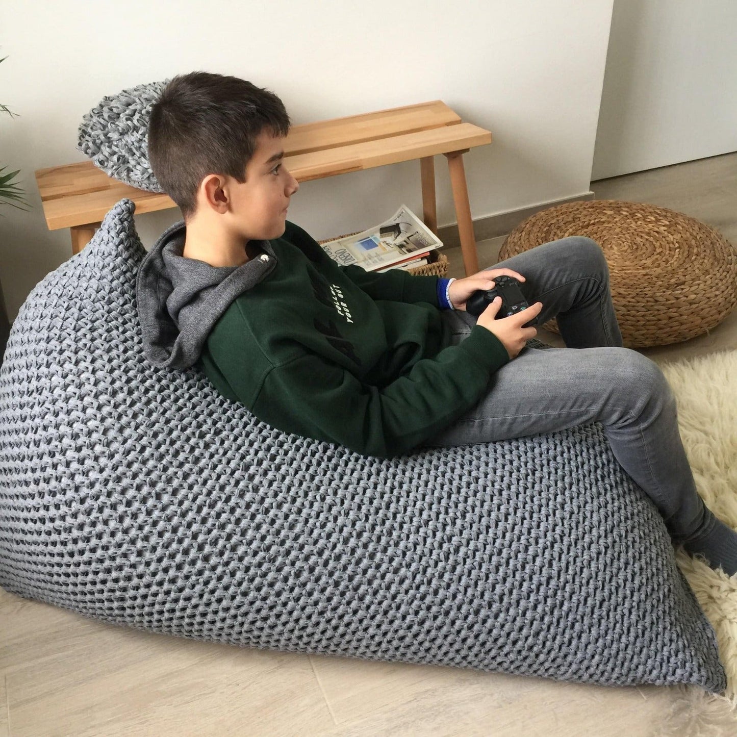 Chunky Knitted Bean Bag Chair, Stone Gray Bean Bag Lounger - Looping Home