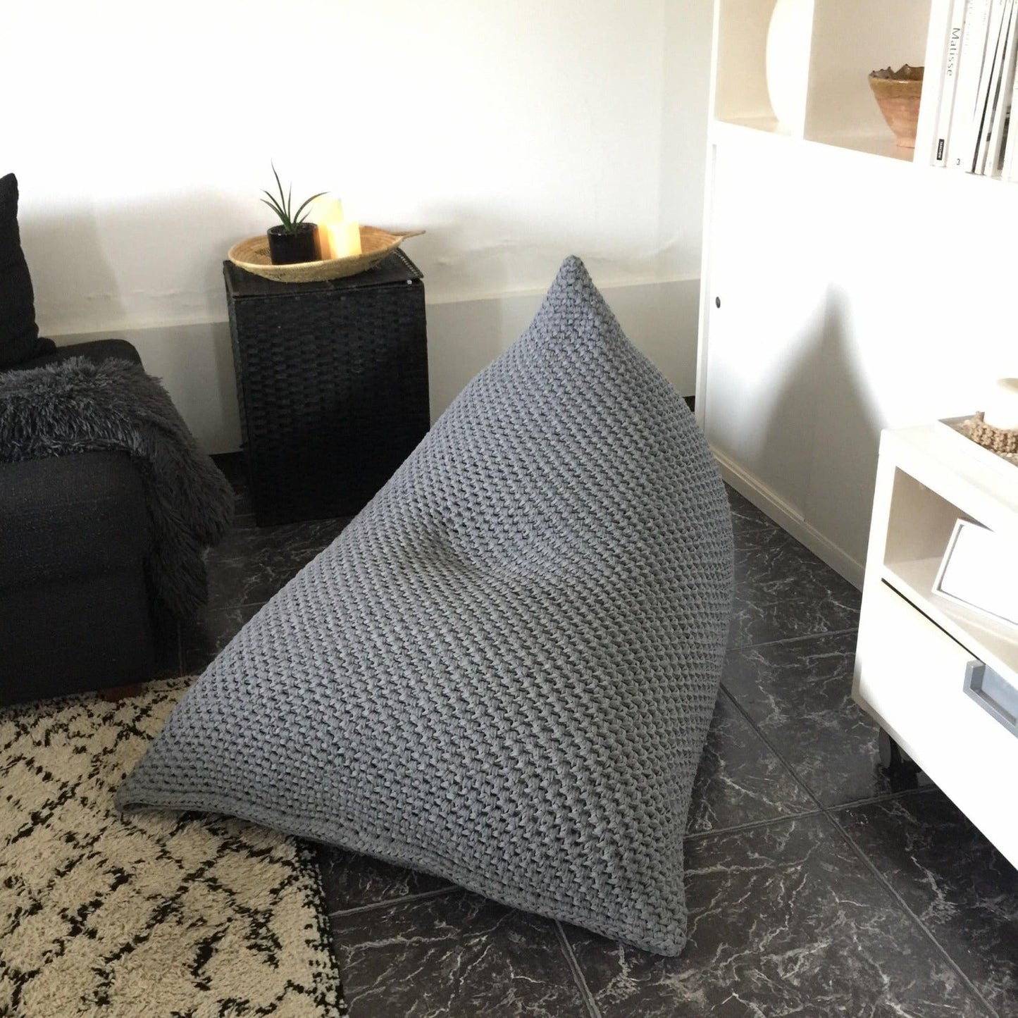 Chunky Knitted Bean Bag Chair, Stone Gray Bean Bag Lounger - Looping Home
