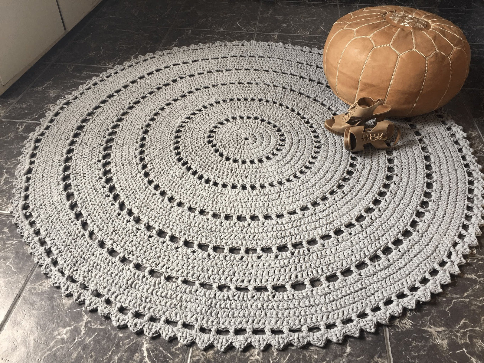 Handmade Cotton Chunky Crochet Doily Round Gray Yellow Rug/nursery