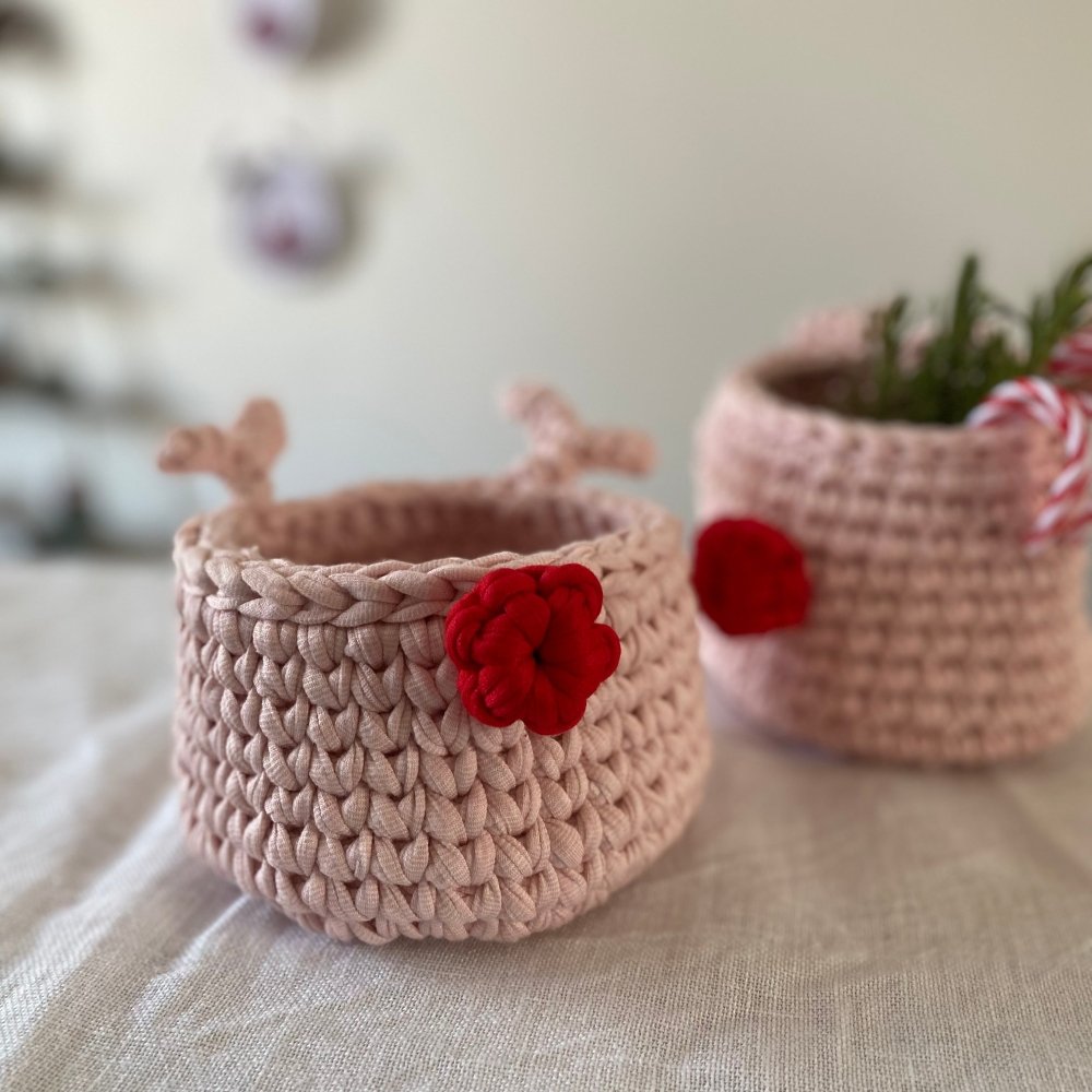 Crochet Rudolph Reindeer Basket | Light Pink - Looping Home