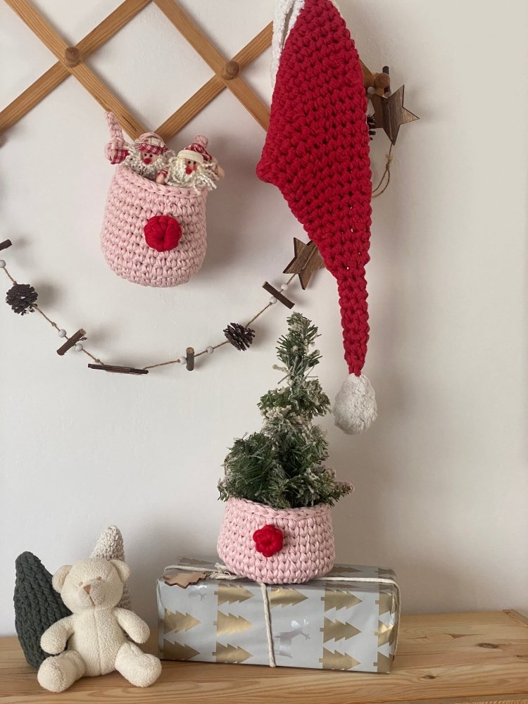 Crochet Rudolph Reindeer Basket | Light Pink - Looping Home
