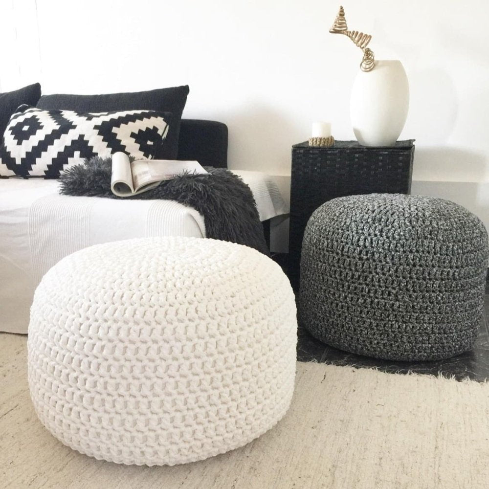 Grey Round Ottoman Pouf, Crochet Footstool Pouffe - Looping Home