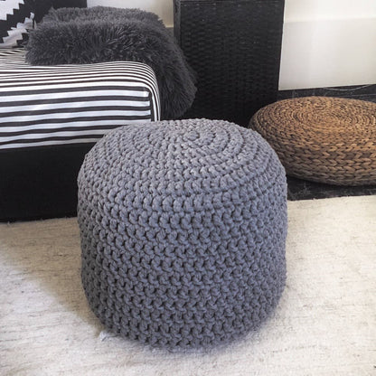 Grey Round Ottoman Pouf, Crochet Footstool Pouffe - Looping Home