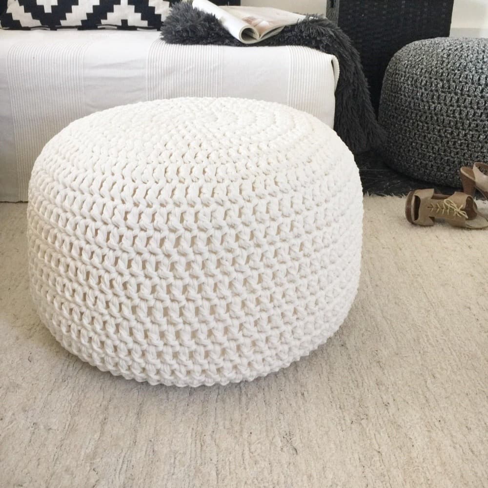 Grey Round Ottoman Pouf, Crochet Footstool Pouffe - Looping Home