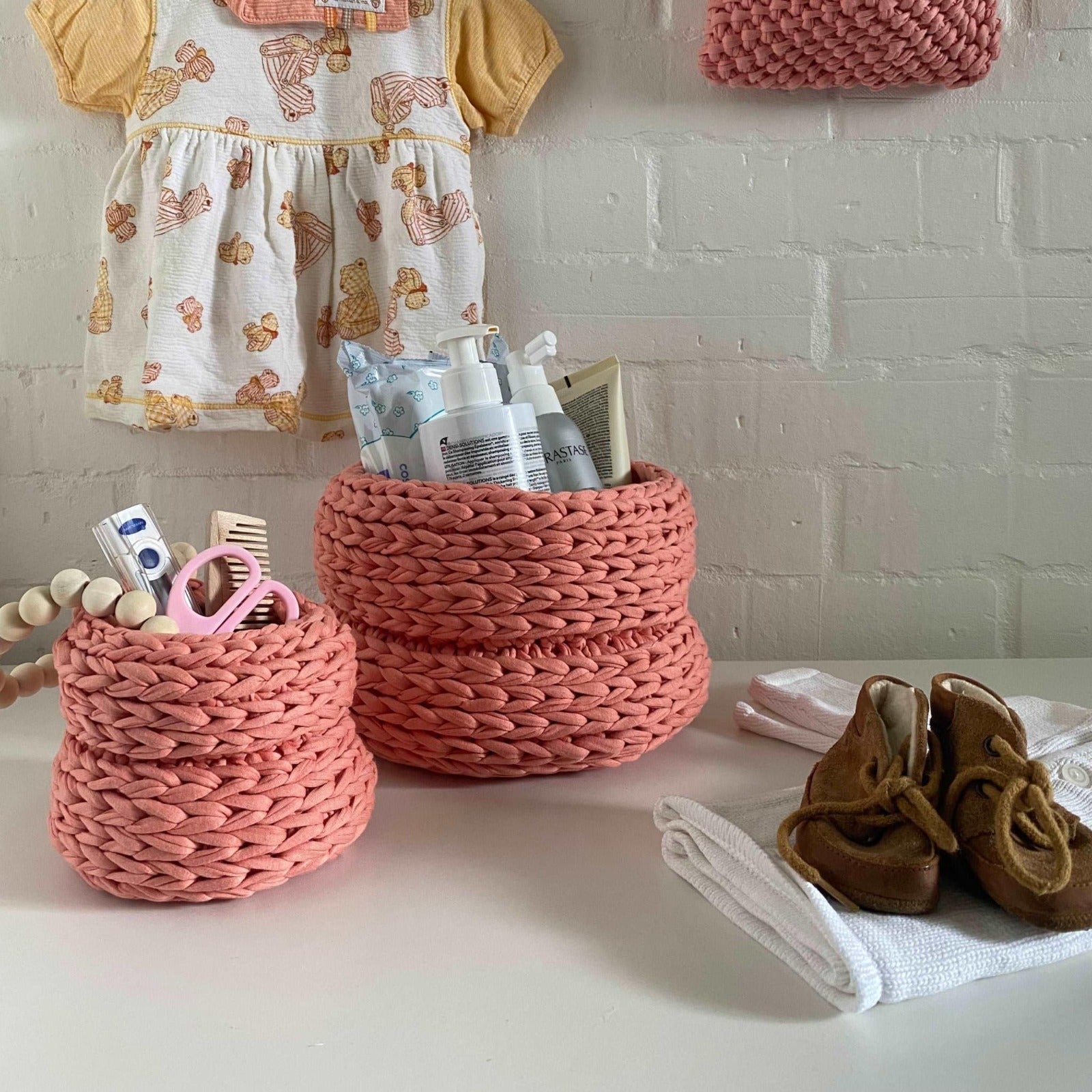 Knitted Basket Pots Set of Two - Peach & Coral - Looping Home