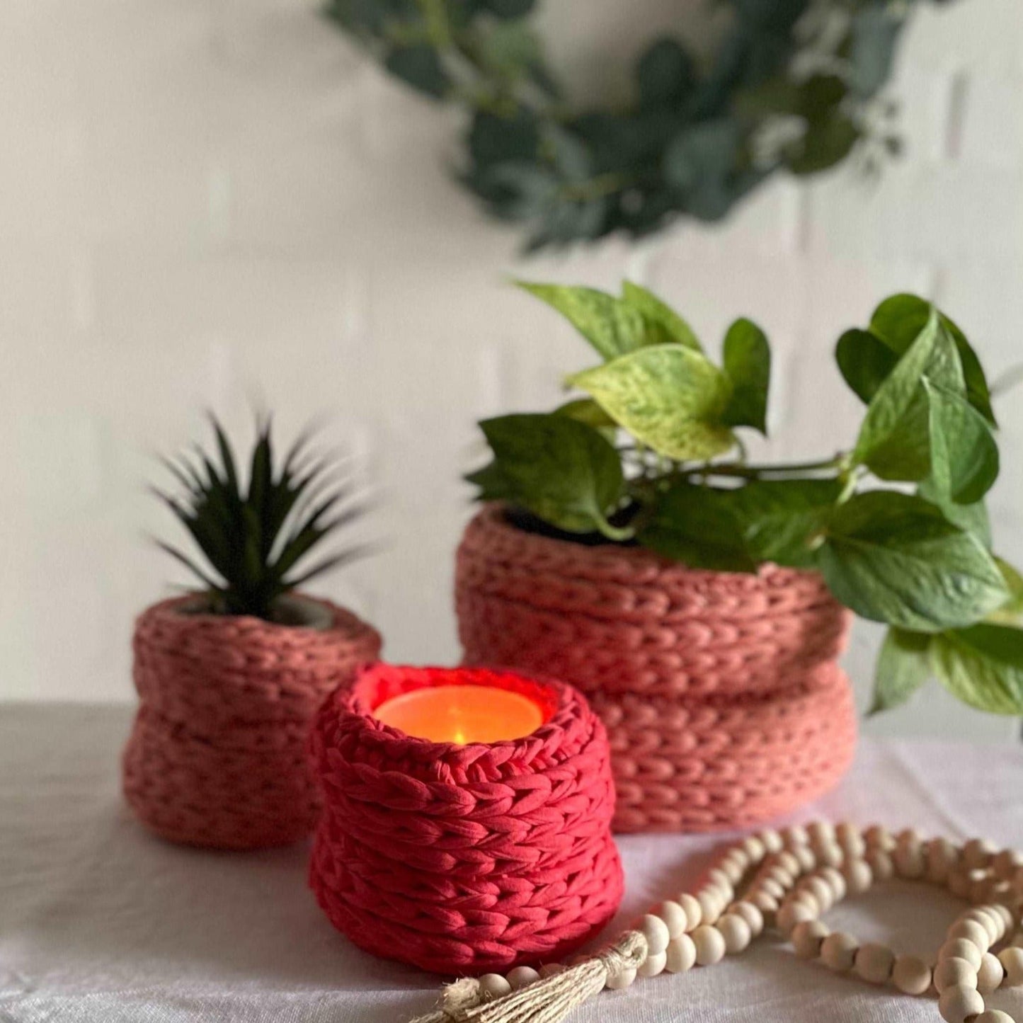 Knitted Basket Pots Set of Two - Peach & Coral - Looping Home
