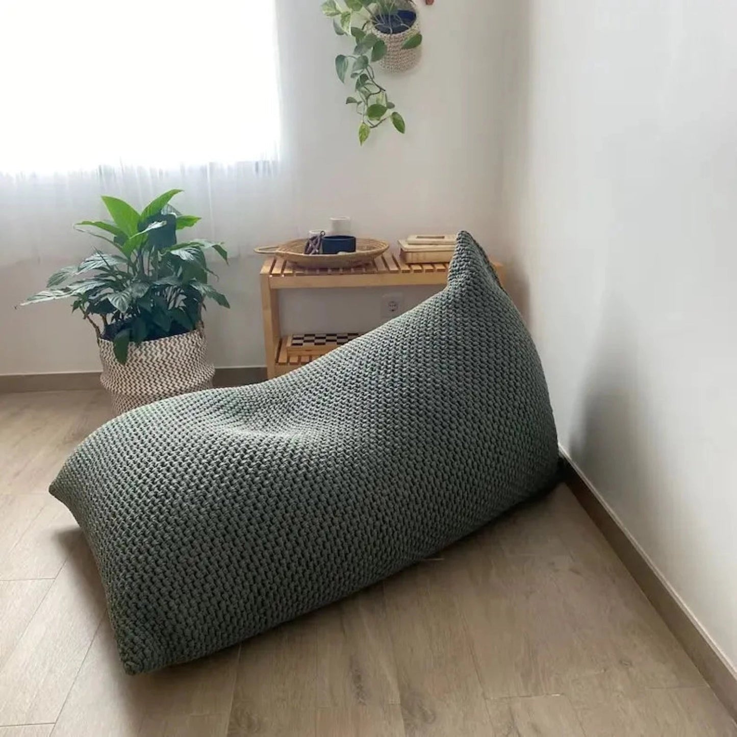Knitted Bean Bag Chair | Dark Sage Green Bean Bag Lounger - Looping Home