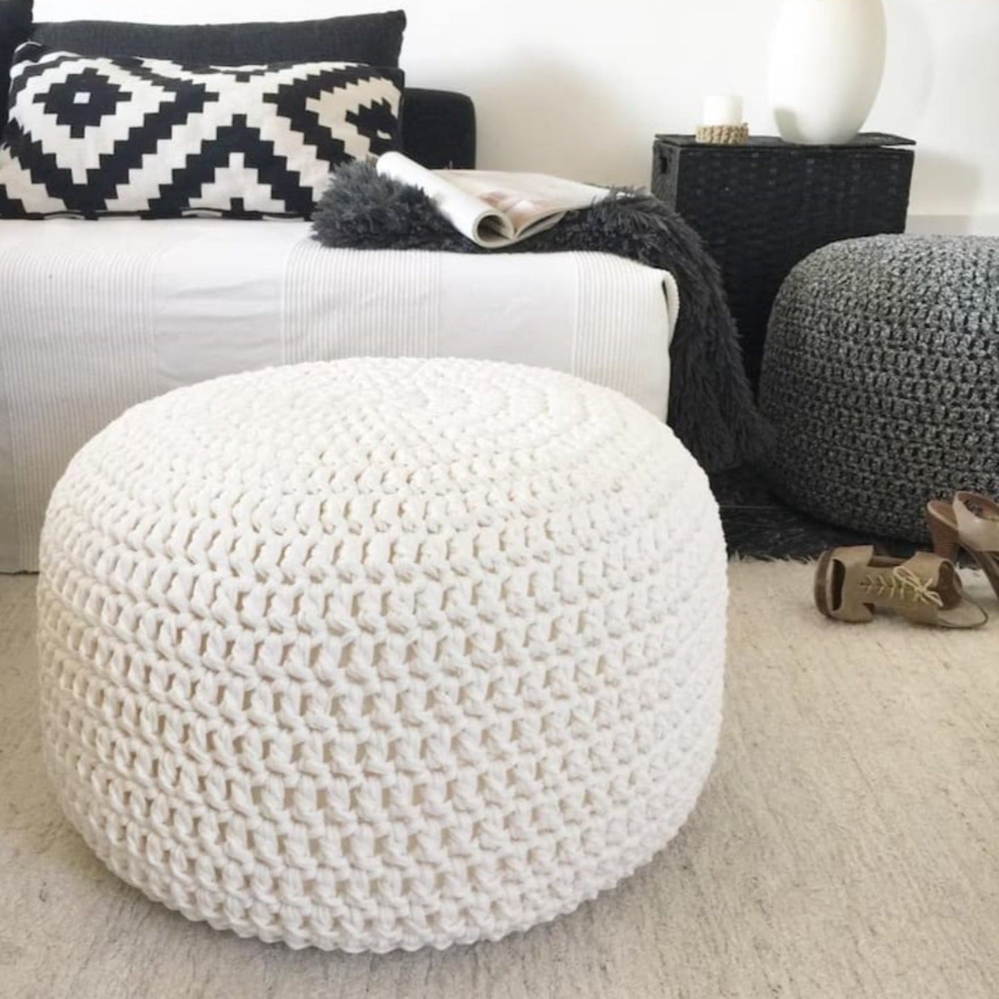 Large Knit Pouf Ottoman - Pearl Round Pouffe - Looping Home