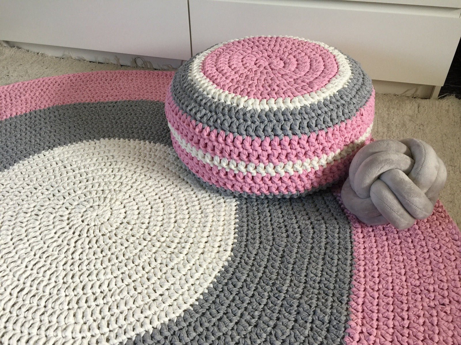 Large Round Crochet Rug | Pink Striped Playmat - Looping Home
