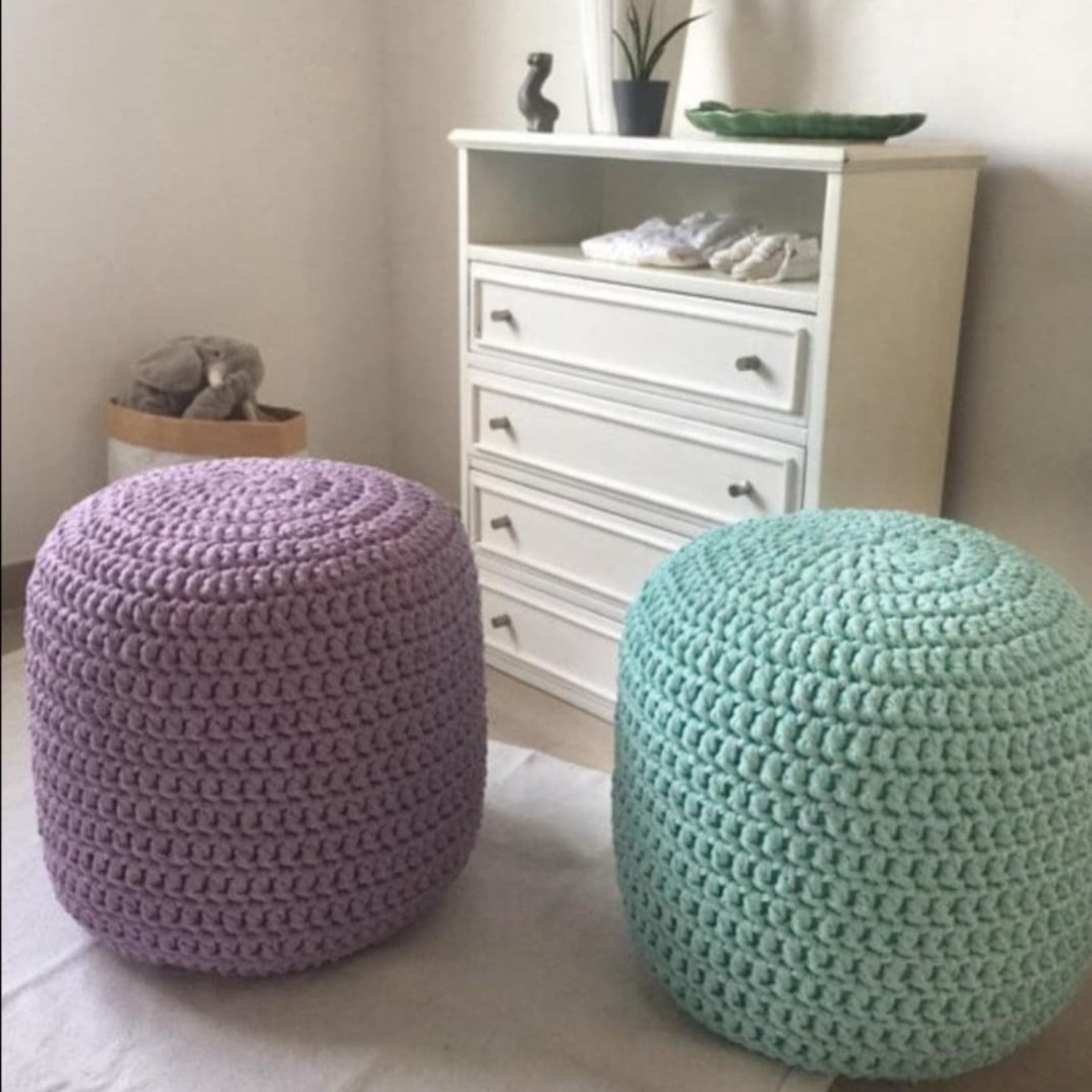 Lilac Round Pouffe Ottoman, Crochet Footstool - Looping Home