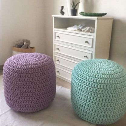 Lilac Round Pouffe Ottoman, Crochet Footstool - Looping Home