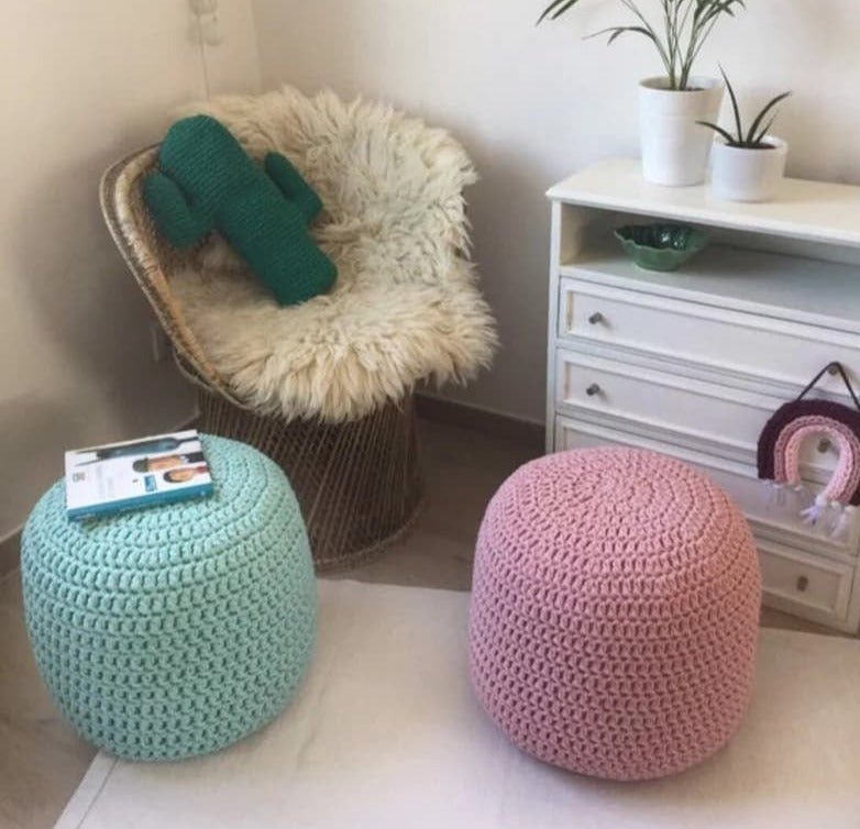 Mint Crochet Pouffe Ottoman, Round Footstool Pouf - Looping Home