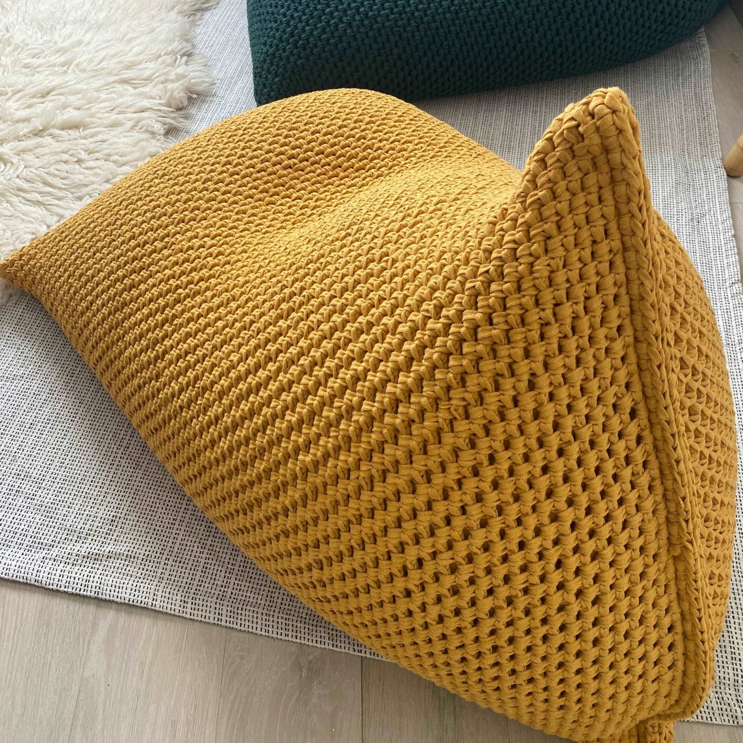 Mustard Adult Bean Bag Chair, Chunky Knitted Lounge Beanbag - Looping Home
