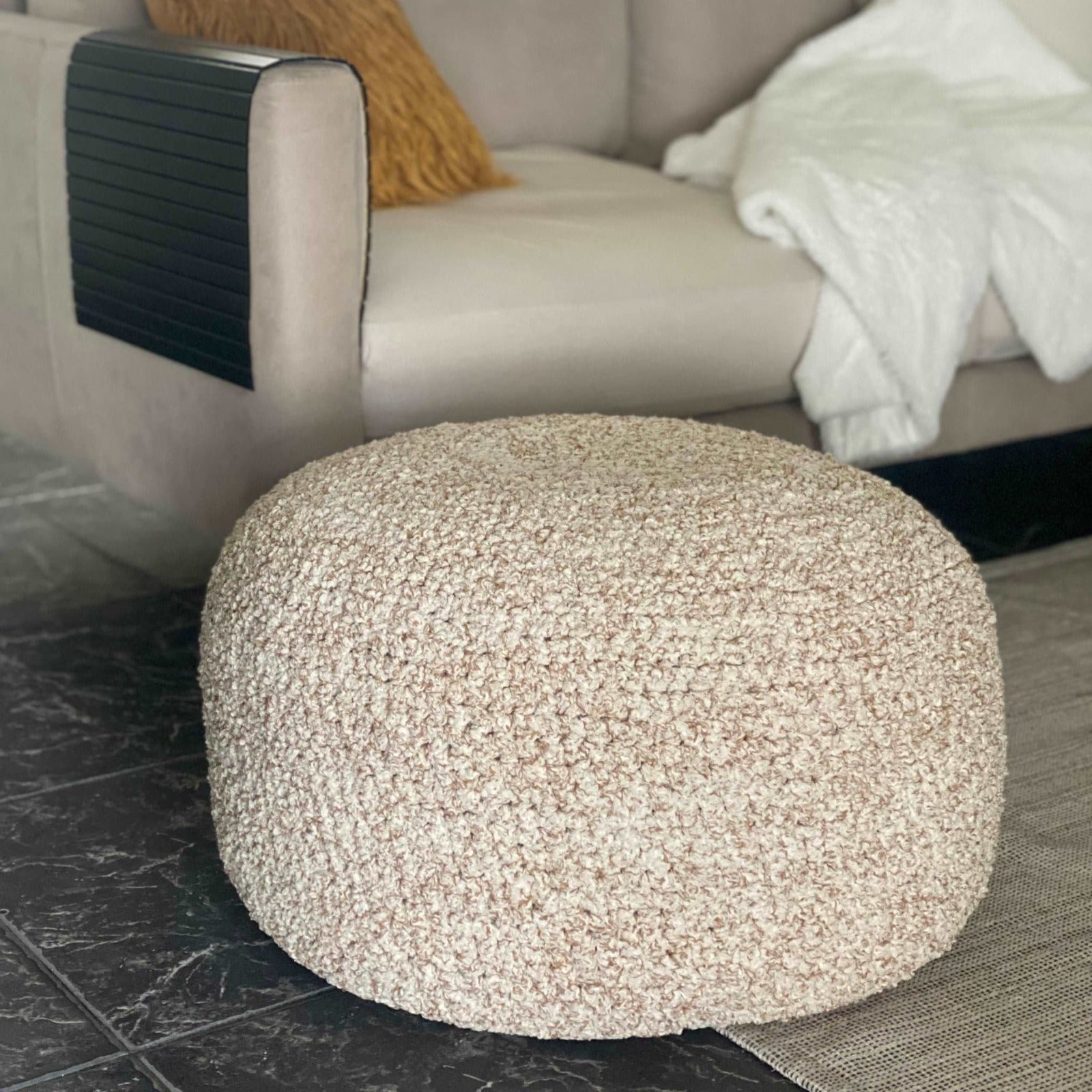 Neutral Boucle Pouf Ottoman, Round Knitted Pouffe - Looping Home
