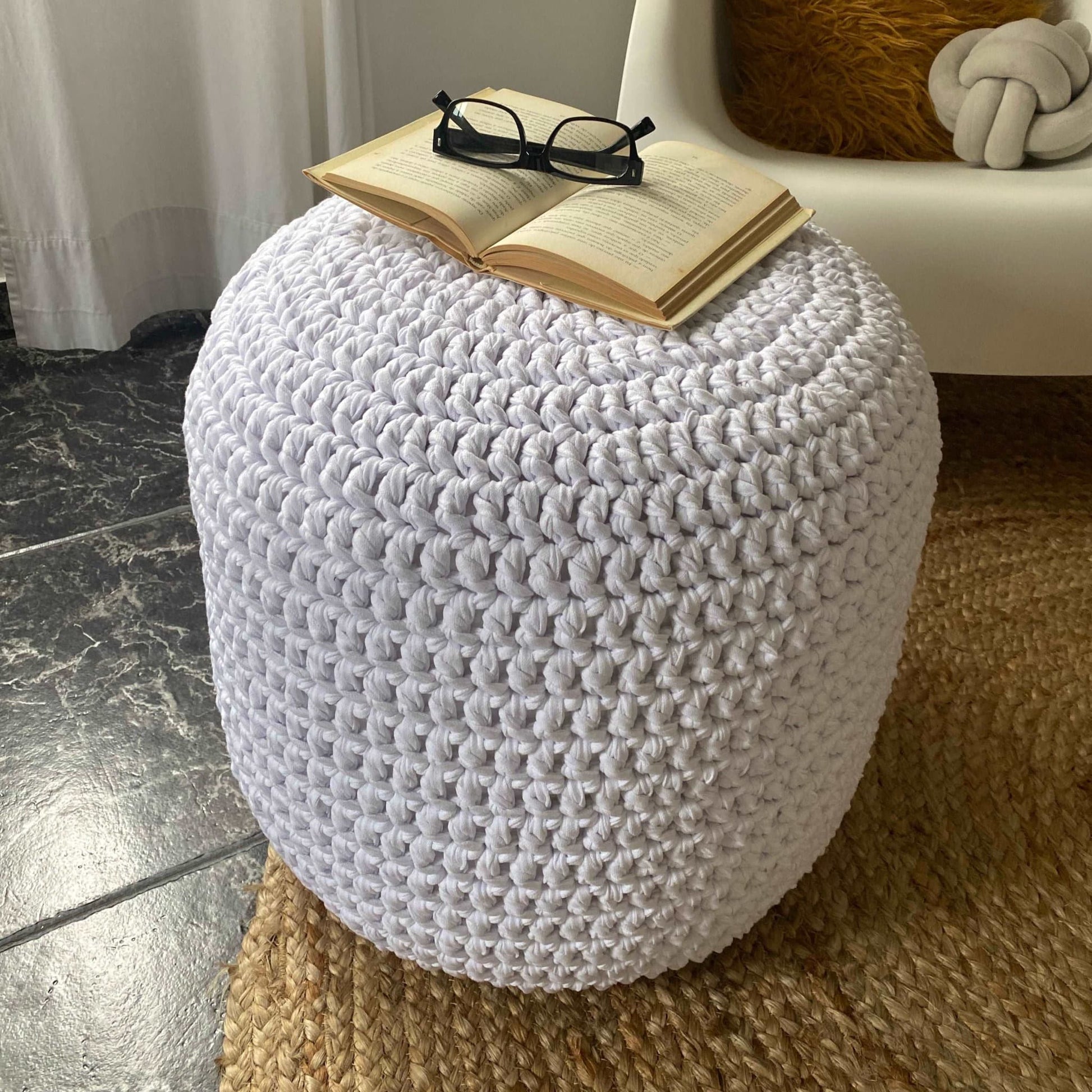 Pearl White Crochet Pouf Ottoman - Looping Home