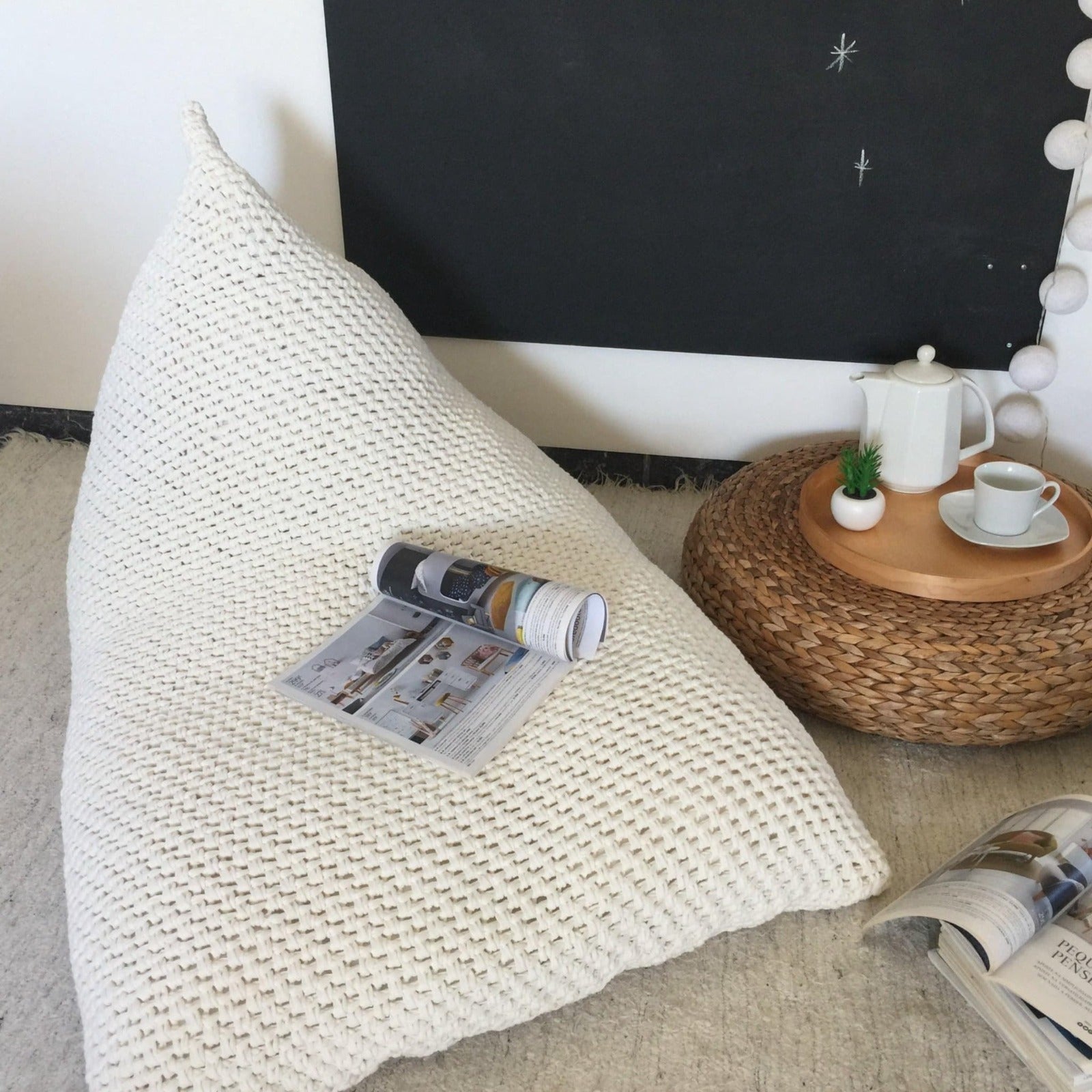 Pearl White Knitted Bean Bag Chair, Kidsroom Floor Sitting - Looping Home