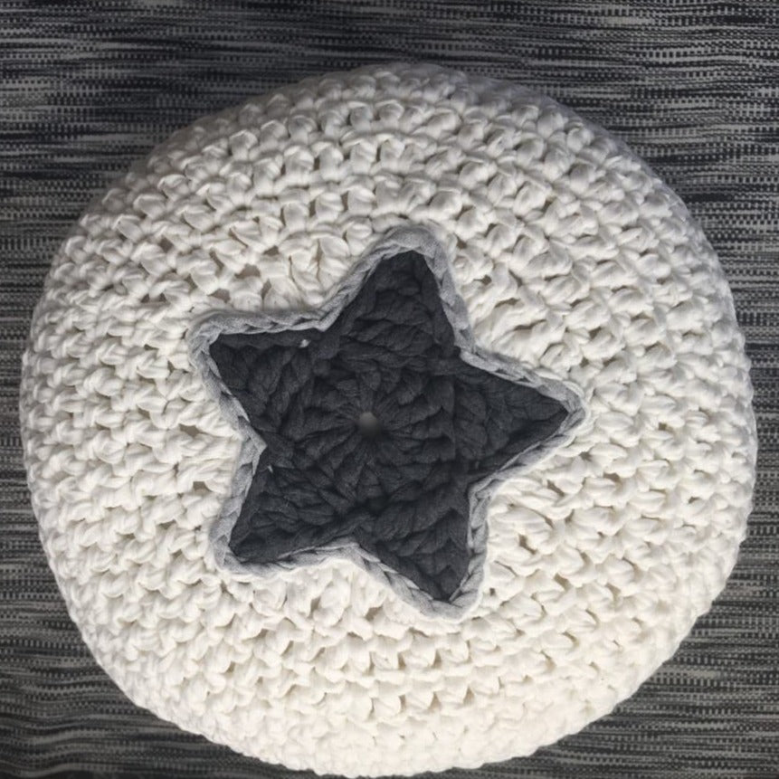 Round Crochet Pillow | Pearl White and Charcoal Star Design - Looping Home
