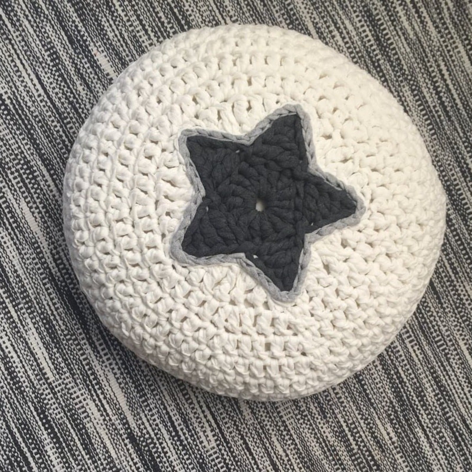 Pearl White Round Crochet Pillow with Charcoal Star Design on the center - Looping Home