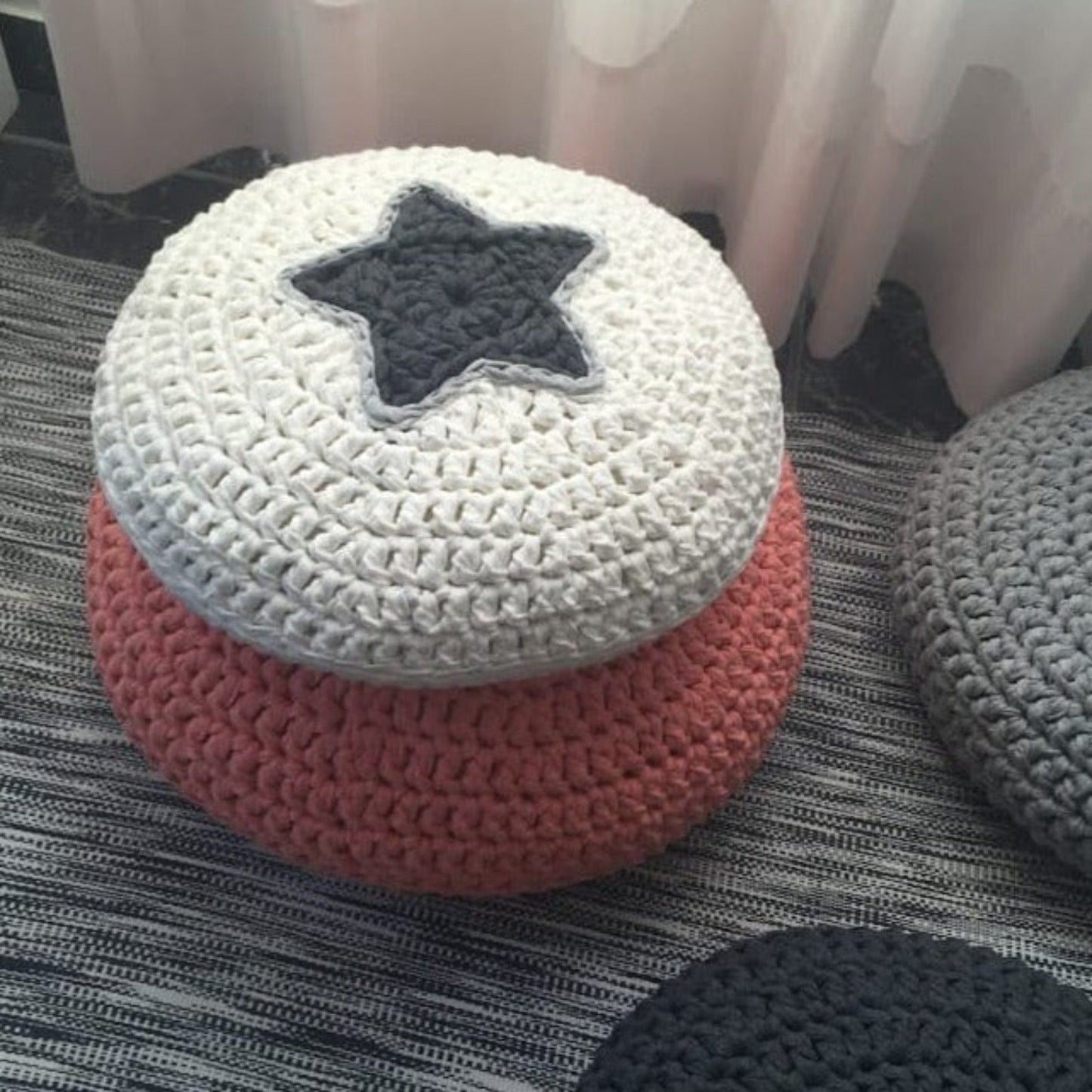 Round Crochet Pillow | Pearl White and Charcoal Star Design - Looping Home