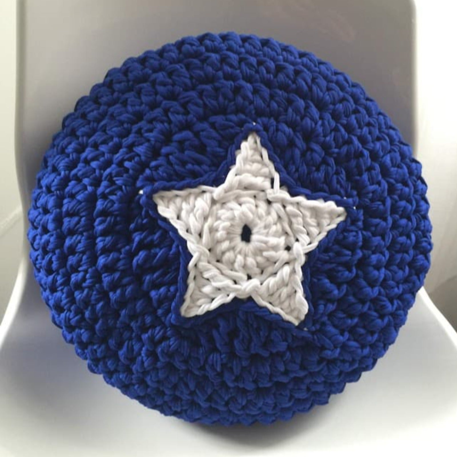Round Crochet Pillow | Royal Blue with White Star Design - Looping Home