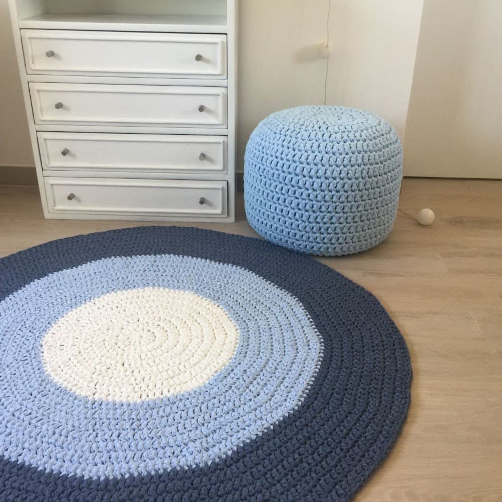 Round Crochet Rug | Blue Striped Playmat - Looping Home