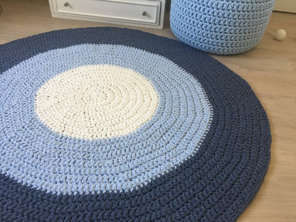 Round Crochet Rug | Blue Striped Playmat - Looping Home