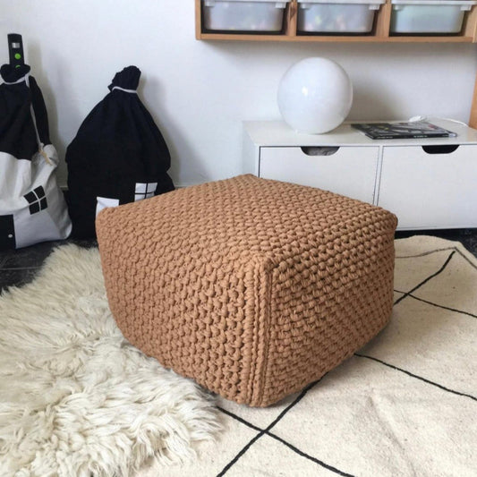 Camel square ottoman cover showcased in a living room setting