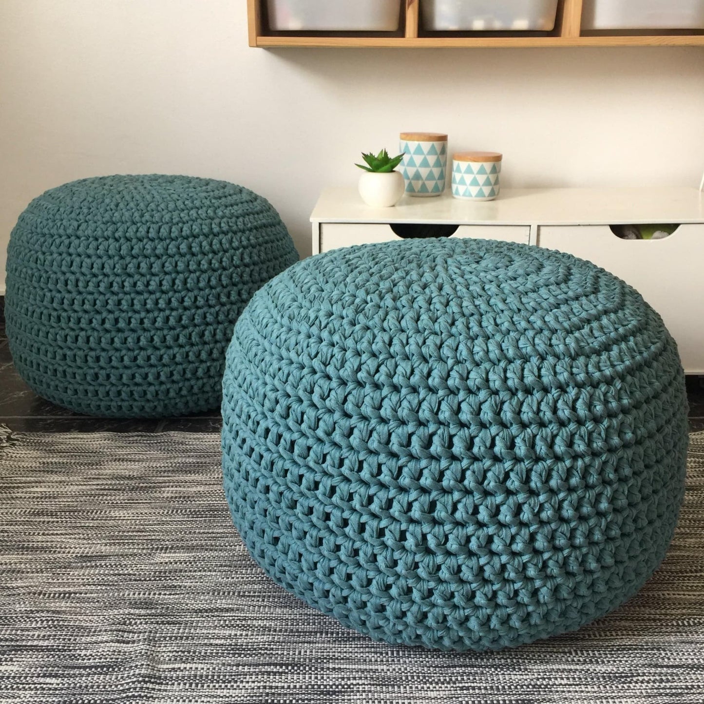 Teal Blue Round Pouffe Ottoman, Chunky Knitted Pouffe - Looping Home