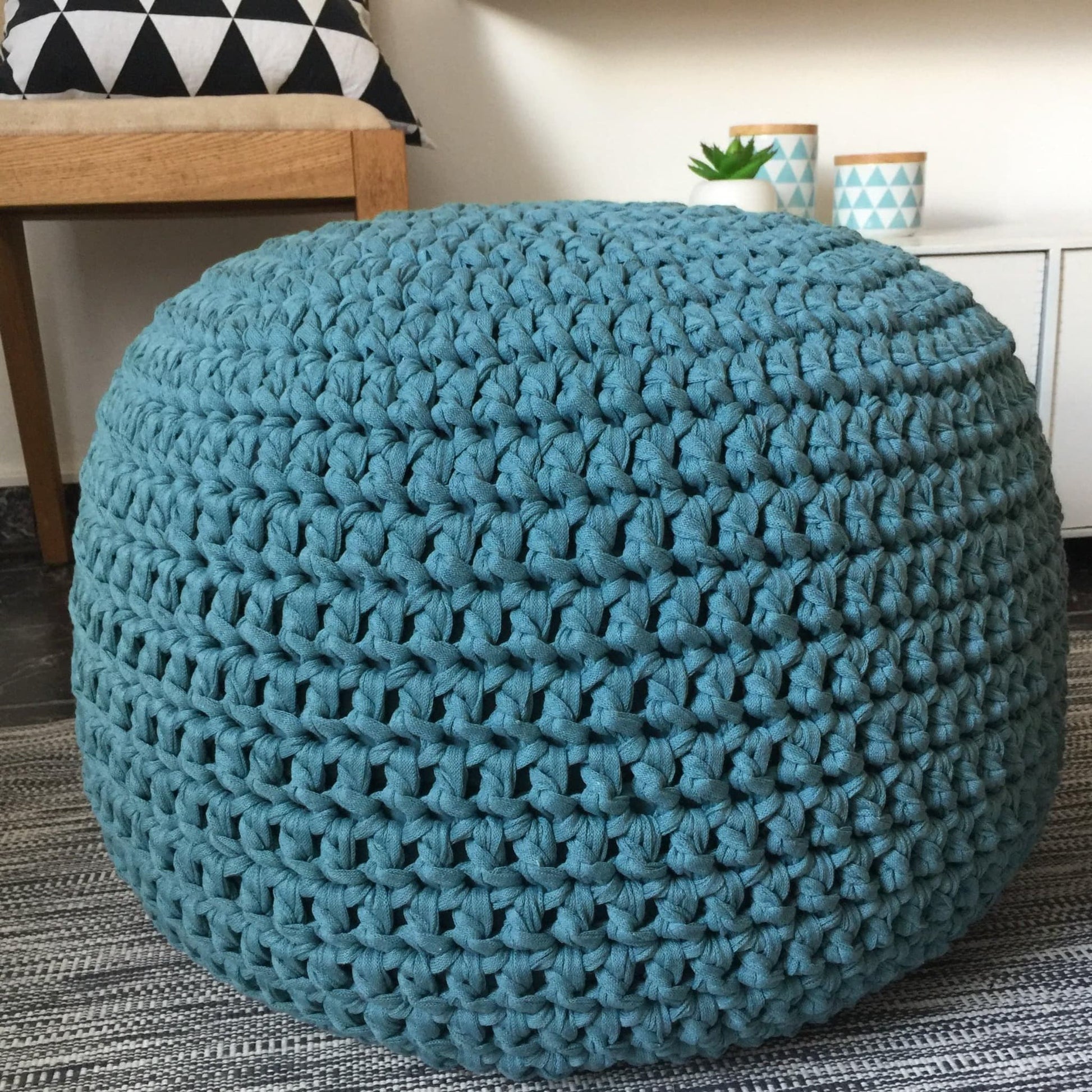 Teal Blue Round Pouffe Ottoman, Chunky Knitted Pouffe - Looping Home