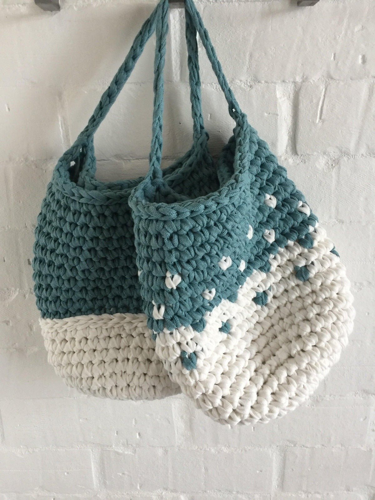 Teal Wall Hanging Basket Set, Knitted Storage Bags - Looping Home