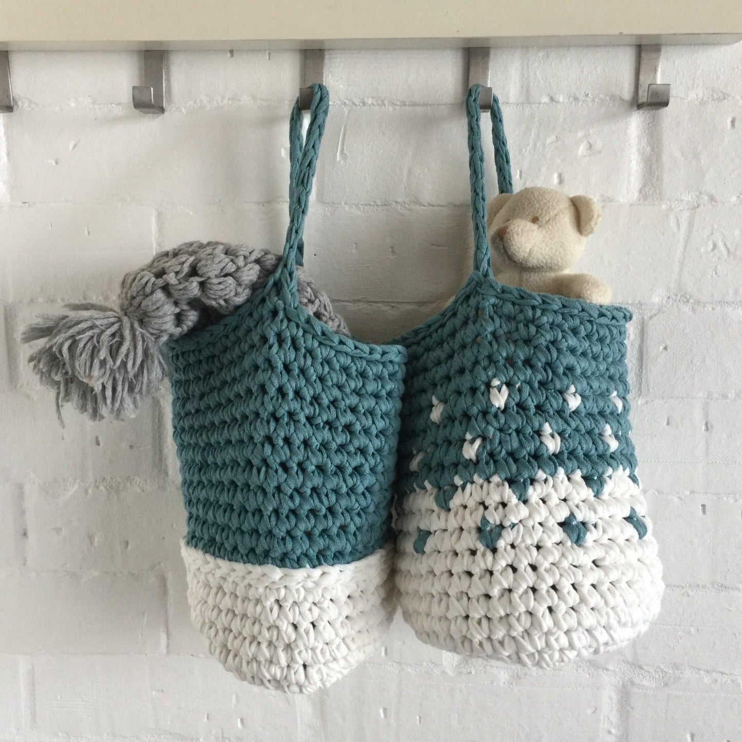 Teal Wall Hanging Basket Set, Knitted Storage Bags - Looping Home