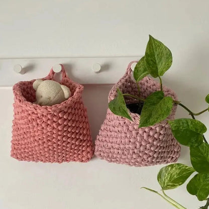 Wall Hanging Baskets | Pastel Peach Knitted Pocket - Looping Home