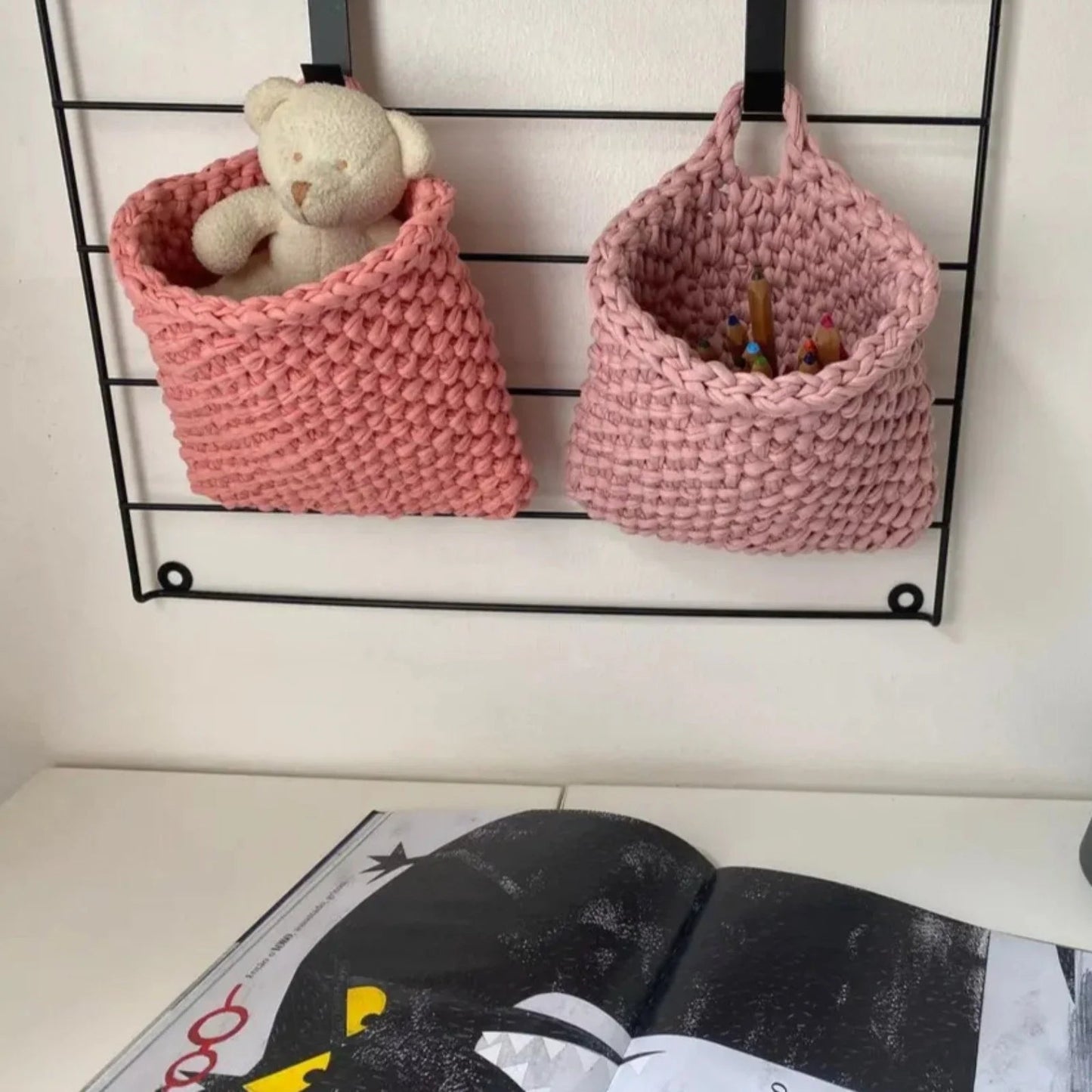 Wall Hanging Baskets | Pastel Peach Knitted Pocket - Looping Home